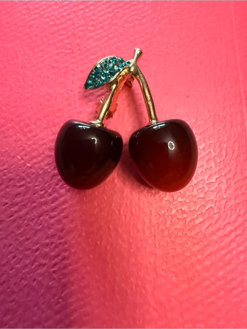 Gold-Tone Cherry Brooch with Deep Red Enamel and Green Crystal Leaf